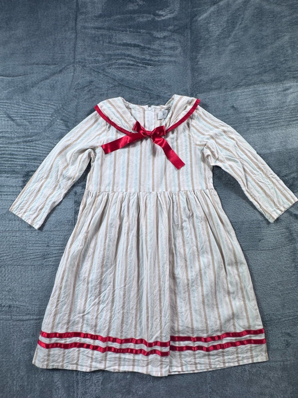 ATUN Girls 100% Cotton Sailor Collar Striped Dress Red Satin Ribbon Trim Sz 7-8